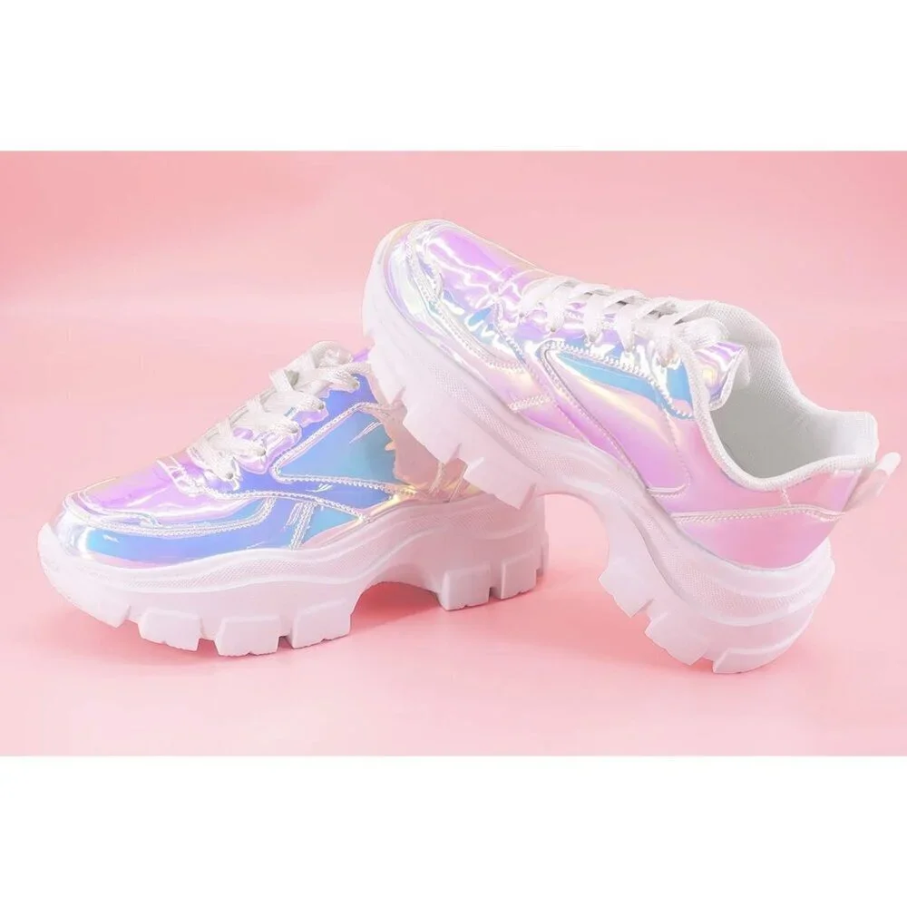 Women White Hologram Platform Fuchsia Hologram Casual Lace-Up Sneakers